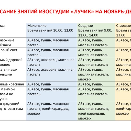 Расписание занятий изостудии «Лучик» на ноябрь-декабрь 2022